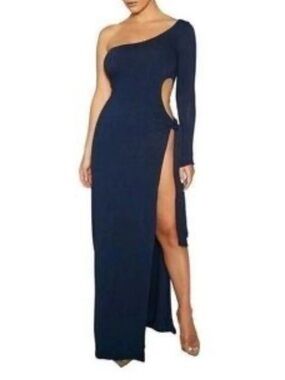 naked wardrobe Navy One-Shoulder Cutout Gown with High Slit